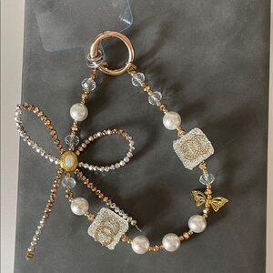 SOLD Beaded Pearl & Crystal Keychain with Gold Butterfly Accent